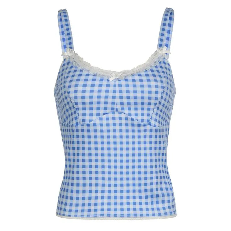 Aiertu  -  Plaid Bow Blue Summer New Sweet Cute Y2K Aesthetic Fairycore Crop Tops Fashion High Street Beach Sexy Camis Women Aiertu