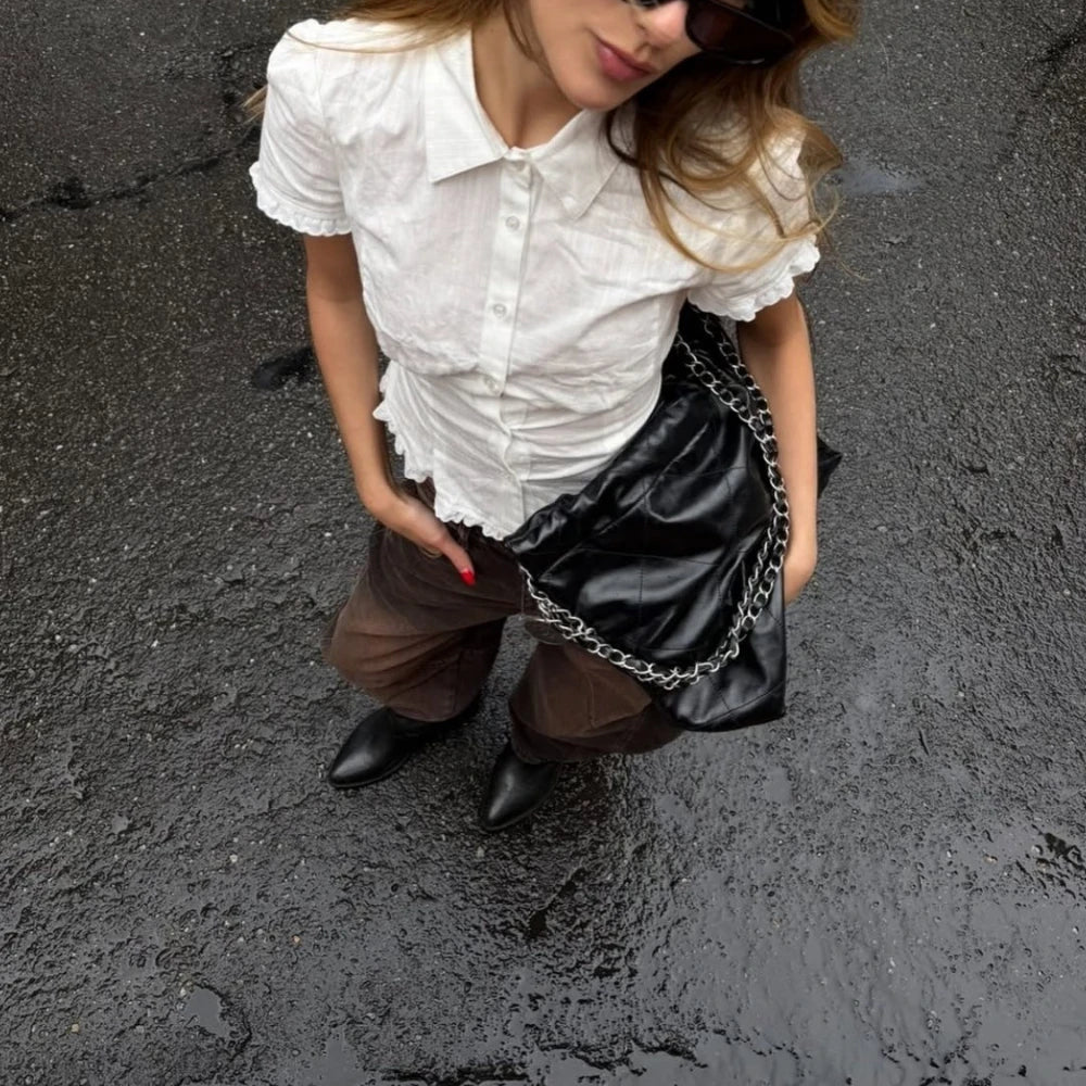Aiertu    -  Solid Two Peice Set for Women Lapel Short Sleeve Shirt Low Waist Spliced Fungus Edge Mini Skirt Sweet Suit Female Aiertu