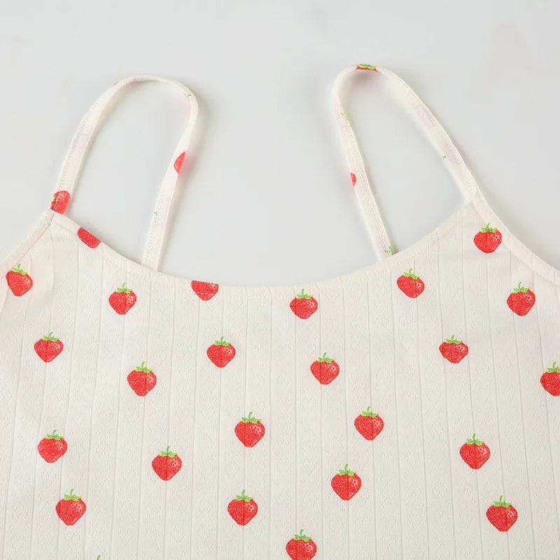 Aiertu  -  Strawberry Print Eyelet Two-piece Set Women Summer Sleeveless Slim Camis+Drawstring Pants Sets Home Cozy Sweet Casual Pajamas Aiertu