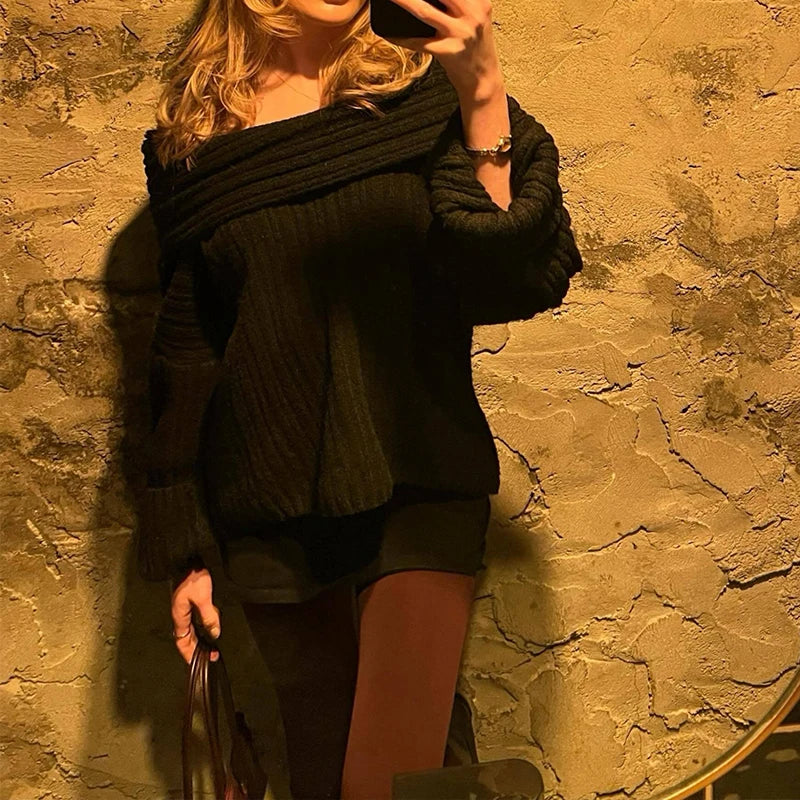 Aiertu  -  party look snspos Irregular Slash Neck Design Loose Casual Knitted Sweater Long Sleeve Sweater Solid Color Ladies Autumn Winter Pullover Tops Aiertu