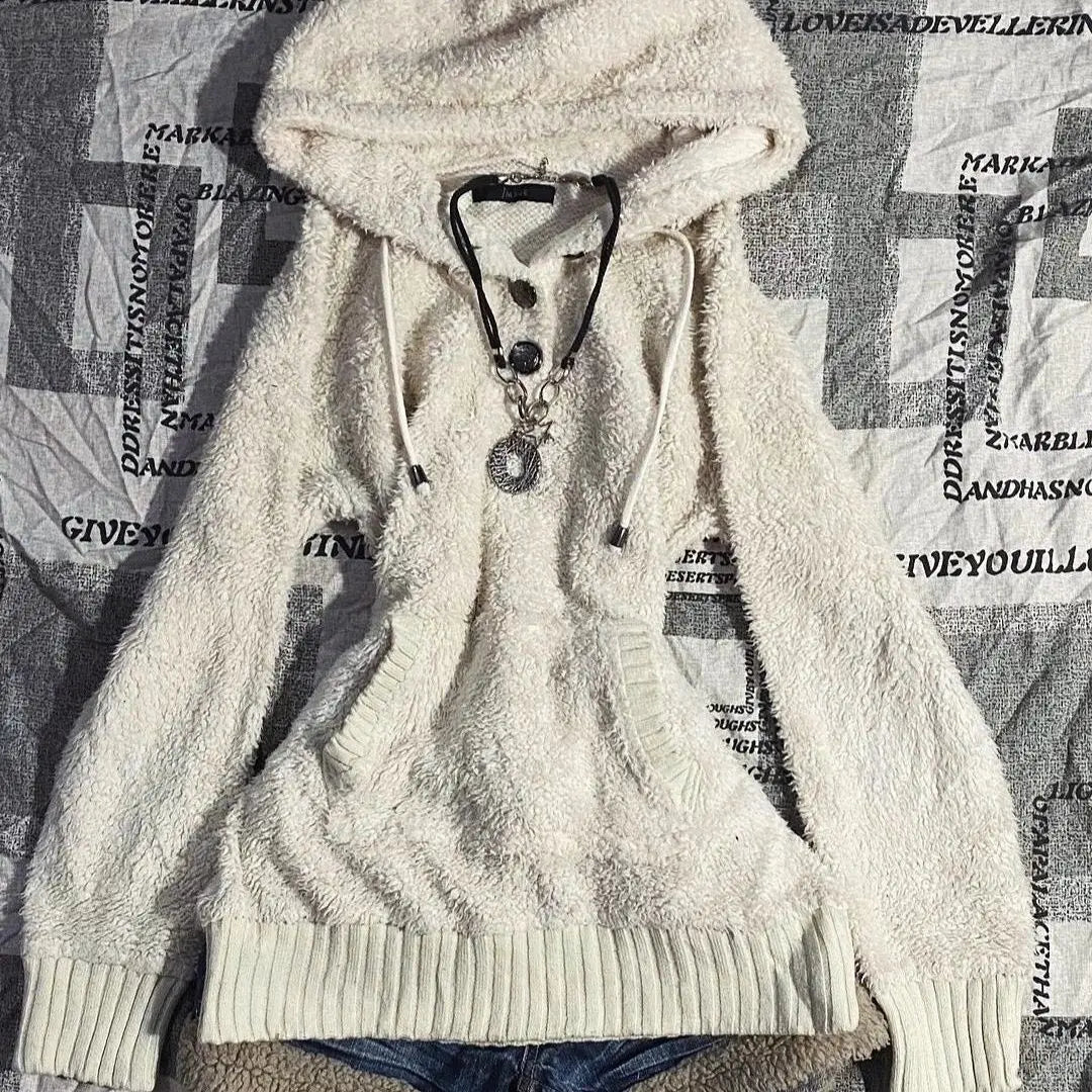 Aiertu  -  Hooded Furry Women Y2k Aesthetic Sweaters Autumn Slim Vintage Drawstring Pullovers Harajuku Knitted Fairy Pocket Jumpers Trendy Aiertu
