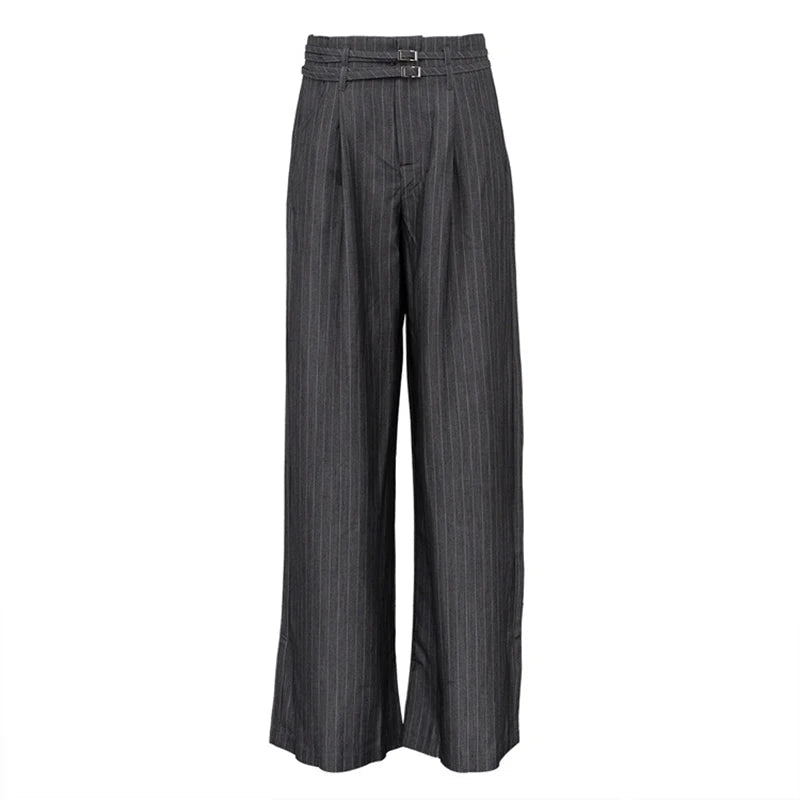 Aiertu  -  Commute Striped Pants Women High Waist Wide Leg Floor-length With Belt Pants Female 2025 Spring Summer Chic Street Lady Trousers Aiertu