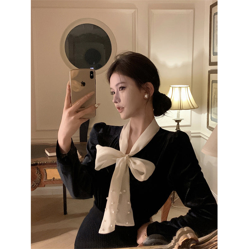 Aiertu Vintage Bow Shirts Women Elegant Black Velvet Blouses Office Lady Korean Party Long Sleeve Chic Basic All Match Tops New Aiertu
