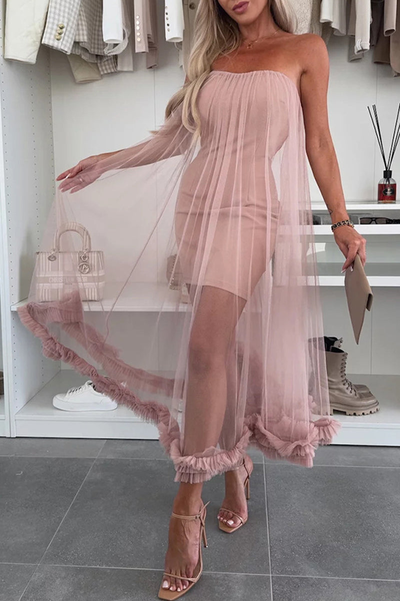 Aiertu  -Casual Solid Color Without Belt Mesh Strapless Mesh Dresses(No belt) aiertu