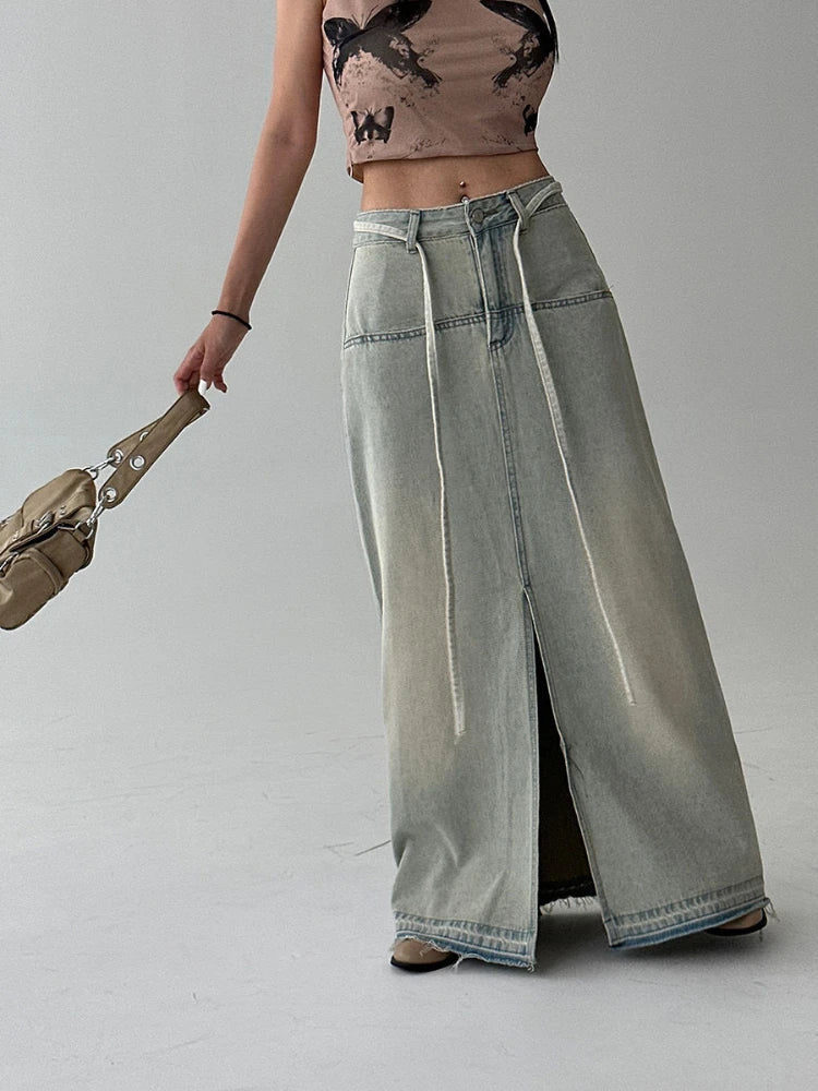 Aiertu  -  Streetwear Denim Long Skirt Women Summer Korean Fashion Y2k Split Design Vintage Skirts Sexy Patchwork Chic High Waist Aiertu