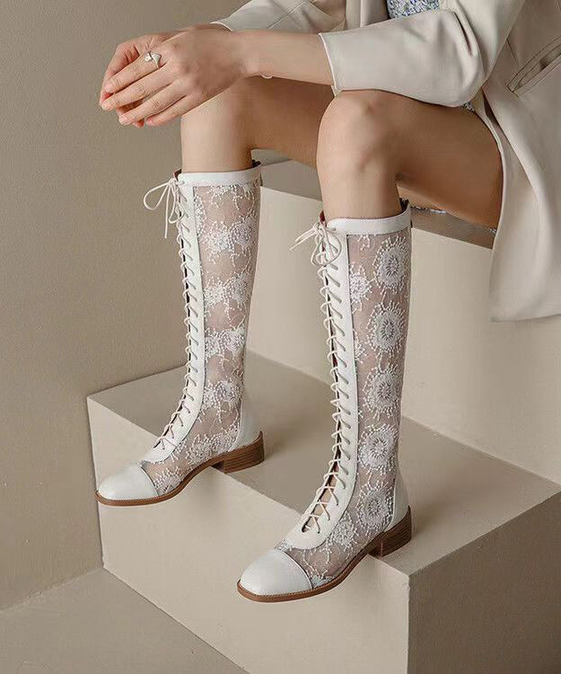 Aiertu  Chic White Hollow Out Lace Up Chunky Boots Aiertu