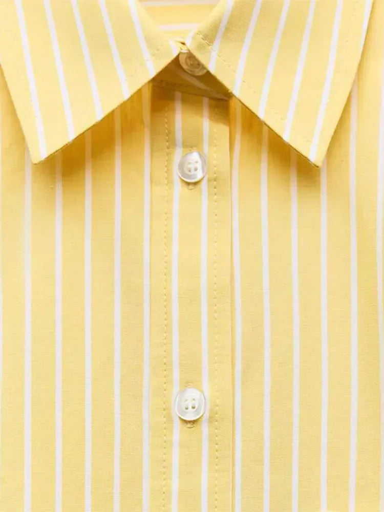 Aiertu  -  Fashion Chic Yellow Striped Blouse For Women Casual Lapel Single Breasted Long Sleeve Shirt Summer Ladies Vacation Beach Tops Aiertu