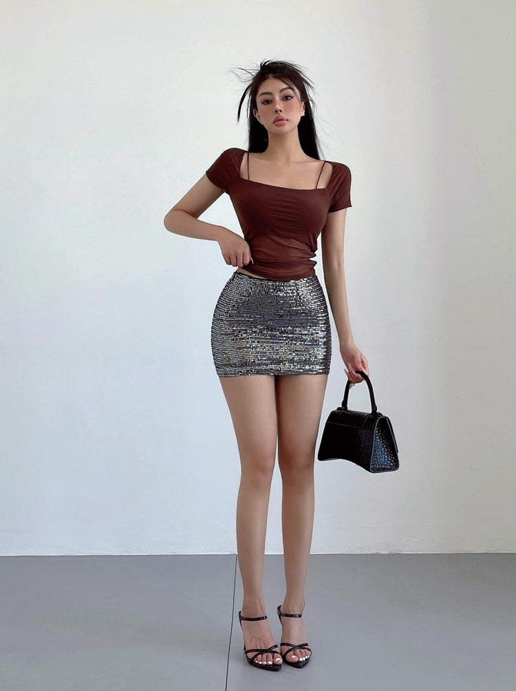 Aiertu Solid Color Sequined Slim High Waist Mini Skirt Aiertu