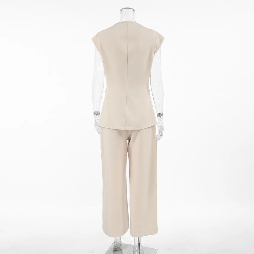 Aiertu  -  Elegant Pant Sets Summer Women's New Two Pieces Set Sleeveless Button-up Tank Tops And Wide Leg Pants Casual Solid Outfit Aiertu