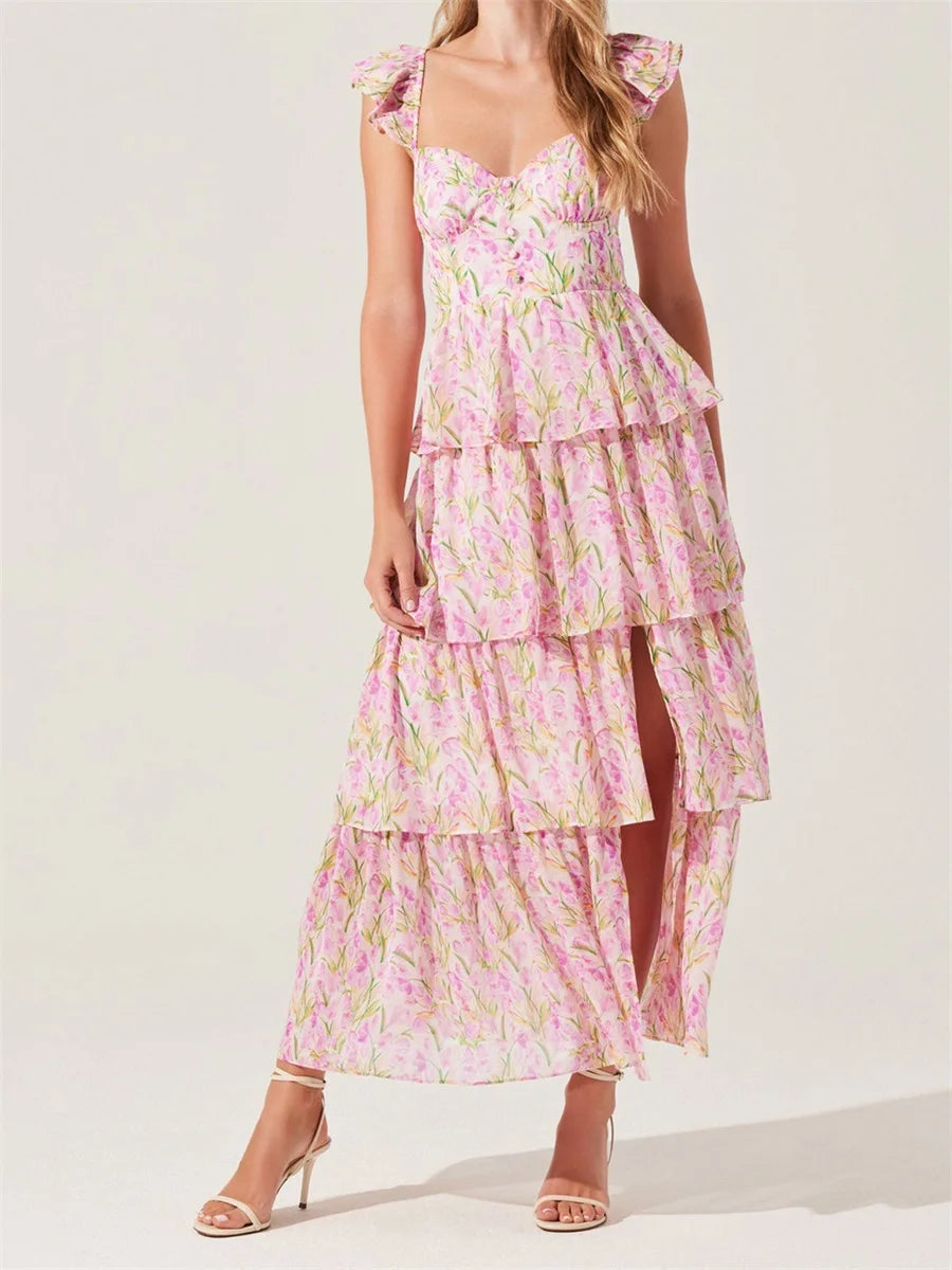 Aiertu  -  Elegant Off-Shoulder Maxi Dress with Delicate Floral Print and Flowy Ruffled Layers Perfect for Spring and Summer Events Aiertu