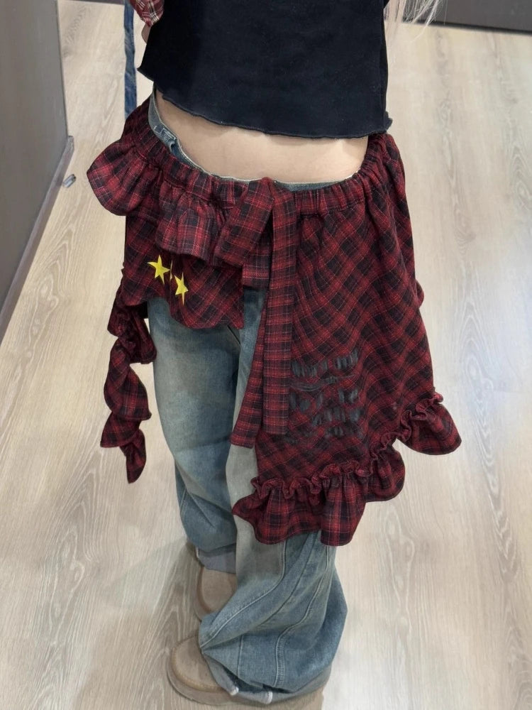 Aiertu  -  Y2k Aesthetic Plaid Irregular Ruffled Skirts Vintage Women Streetwear Letter Print Faldas Harajuku Grunge Casual Bandage Skirt Aiertu