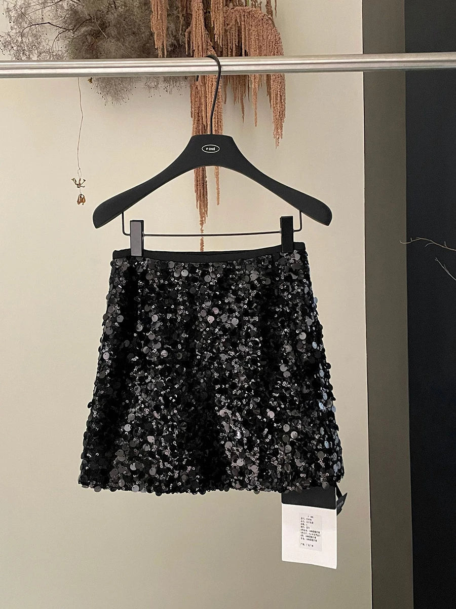 Aiertu  Sequied Sexy Silver Mini Skirts For Women 2025 New High Waist Slim Zipper A-line Party Skirt Simple Fashion Elegant Short Faldas Aiertu