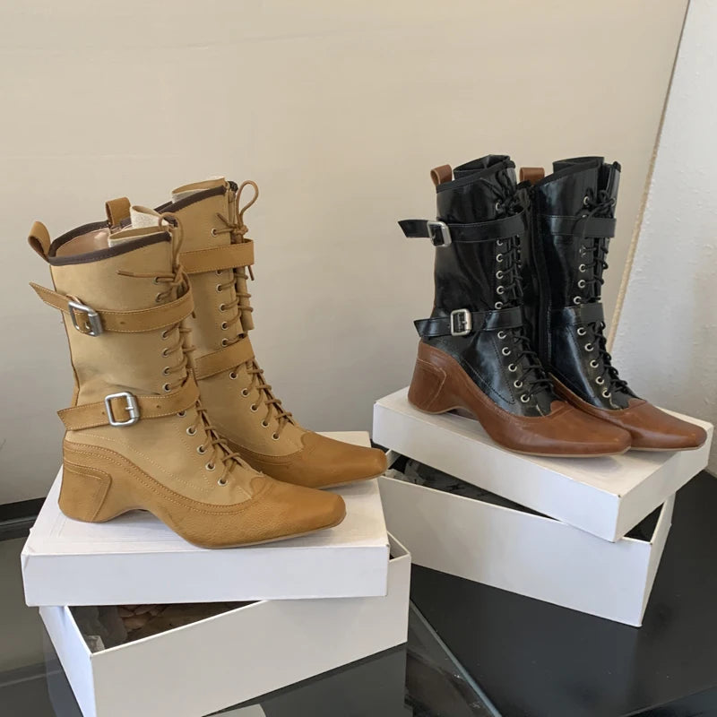 Aiertu    -  Yellow Cowboy Boots Women Lace Up Belt Buckle Block Heels Mid-calf Western Boots Autumn Vintage Designer Shoes Black Botas Mujer Aiertu