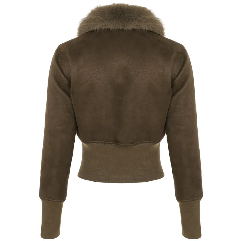 Aiertu - summer inspo Fashion Warm Chamois Women’s Jackets Long Sleeve Plus Velvet Faux Collar Zipper American Retro Thicked Coat Aiertu