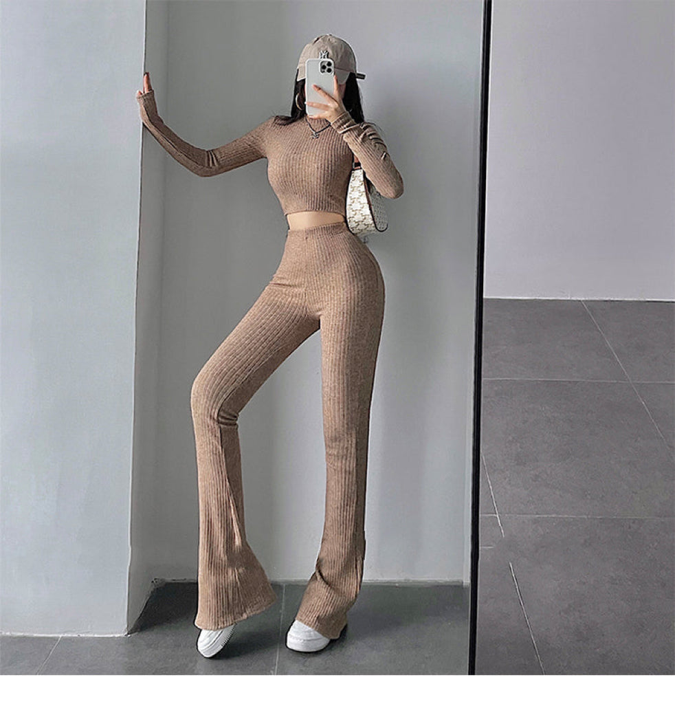 Aiertus Solid Color Ribbed Slim Long Sleeve Cropped Top High Waist Pants Matching Set Aiertu