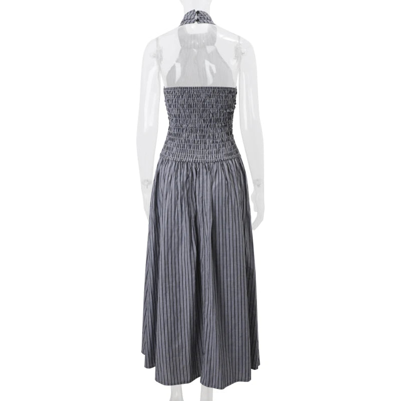 Aiertu  Stripe Halter Backless Pleated Fashion Elegant Casual Bodycon Midi Dress Spring Summer Fashion Party New Women Vestidos Aiertu