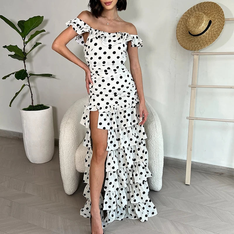 Aiertu  -  Polka Print Off Shoulder Women's Party Dress Elegant Ruffle Slim Irregular Long Dress Fashion Summer Split Layered Cake Dresses Aiertu