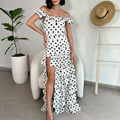Aiertu  -  Polka Print Off Shoulder Women's Party Dress Elegant Ruffle Slim Irregular Long Dress Fashion Summer Split Layered Cake Dresses Aiertu