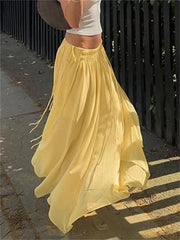 Aiertu  -  Summer Drawstring High Waist Long Skirt For Women Pleated Casual Patchwork Lace-Up See-Through Female Chiffon Maxi Skirt Aiertu