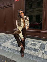 Aiertu  Women Fashion Faux Fur Printed Front Zipper Jackets Vintage Lapel Neck Long Sleeves Female Chic Lady Outfits Aiertu