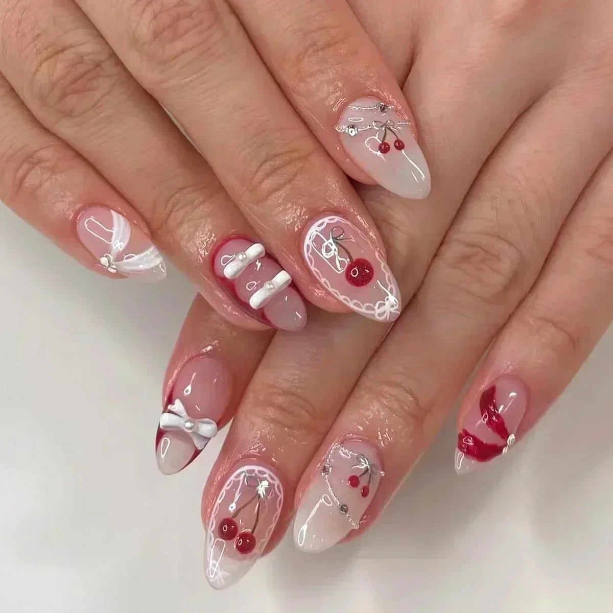 Aiertu 24Pcs Pink Almond French Press on Nails With 3D Bow ripple charms Design Fake Nails Ballerina False Nails Full Cover Nail Tips Aiertu