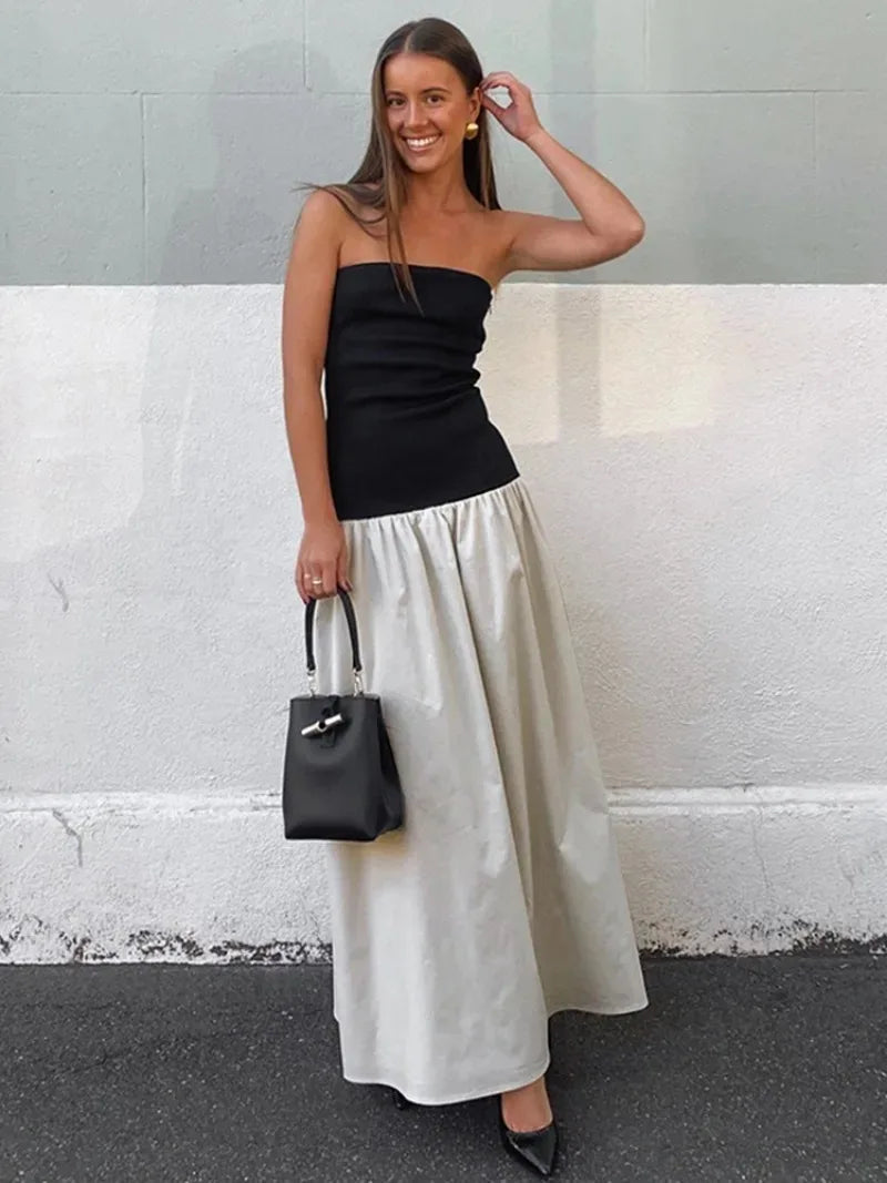 Aiertu  -  Woman Clothing Vintage Strapless Print Patchwork A-line Holiday Dress Female Sexy Sleeveless Black Long Party Evening Dresses Aiertu