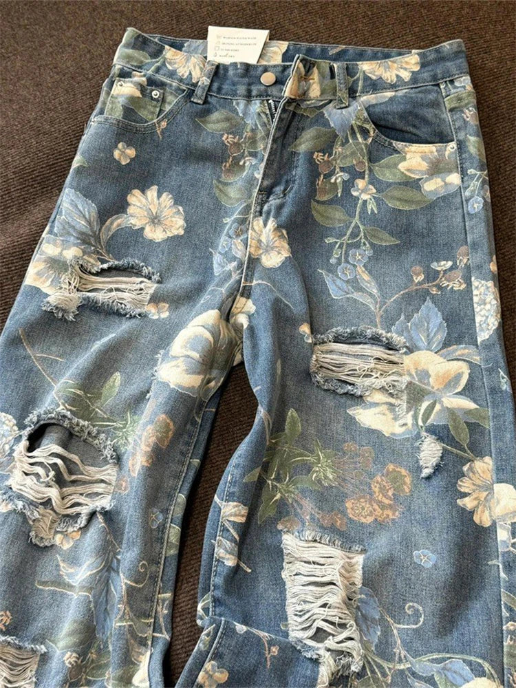 Aiertu  -  Women's Flower Print Design Distressed Jeans Young Girl Summer Thin Straight Bottoms Vintage Trousers Female Wide Leg Pants Aiertu