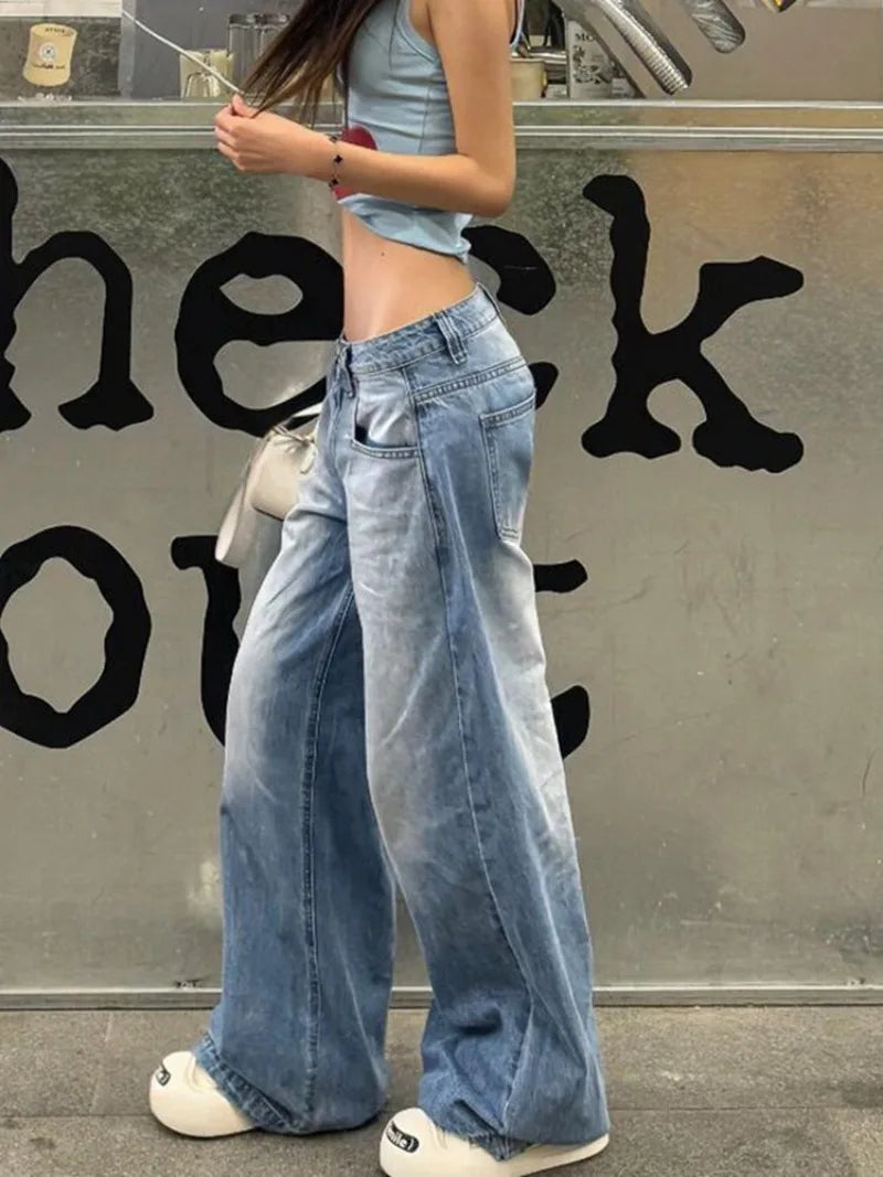 Aiertu  -  Fashion Street Blue Washed Low Rise Straight Jeans Women Summer Retro New Loose Korean Street Casual Wide Leg Jeans Aiertu