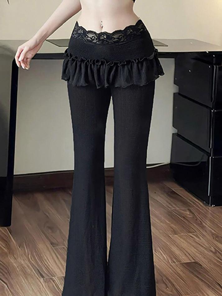 Aiertu  -Textured Lace Panel Ruffle Flared Pants aiertu