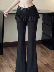 Aiertu  -Textured Lace Panel Ruffle Flared Pants aiertu