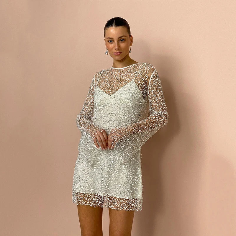 Aiertu  -  2026 Spring Two-in-one Gauze Mini Dress Female Vacation Party Short Dresses Fashion See Though Sequin Mesh Sling Dress For Women Aiertu