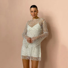 Aiertu  -  2026 Spring Two-in-one Gauze Mini Dress Female Vacation Party Short Dresses Fashion See Though Sequin Mesh Sling Dress For Women Aiertu