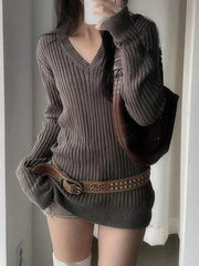 Aiertu  -Vintage V-Neck Striped Long Sleeve Sweater aiertu
