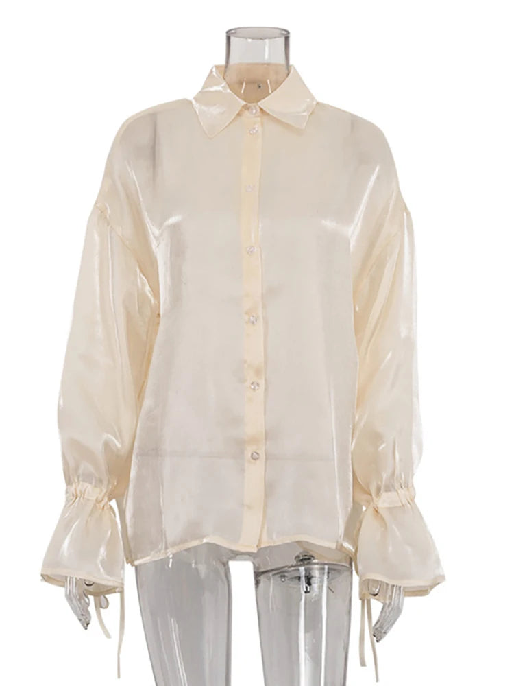 Aiertu  -  layered look inspo Turn-down Collar Button Women Blouses Beige See Through Long Sleeve Blouses Female Winter Loose Casual Streetwear Aiertu