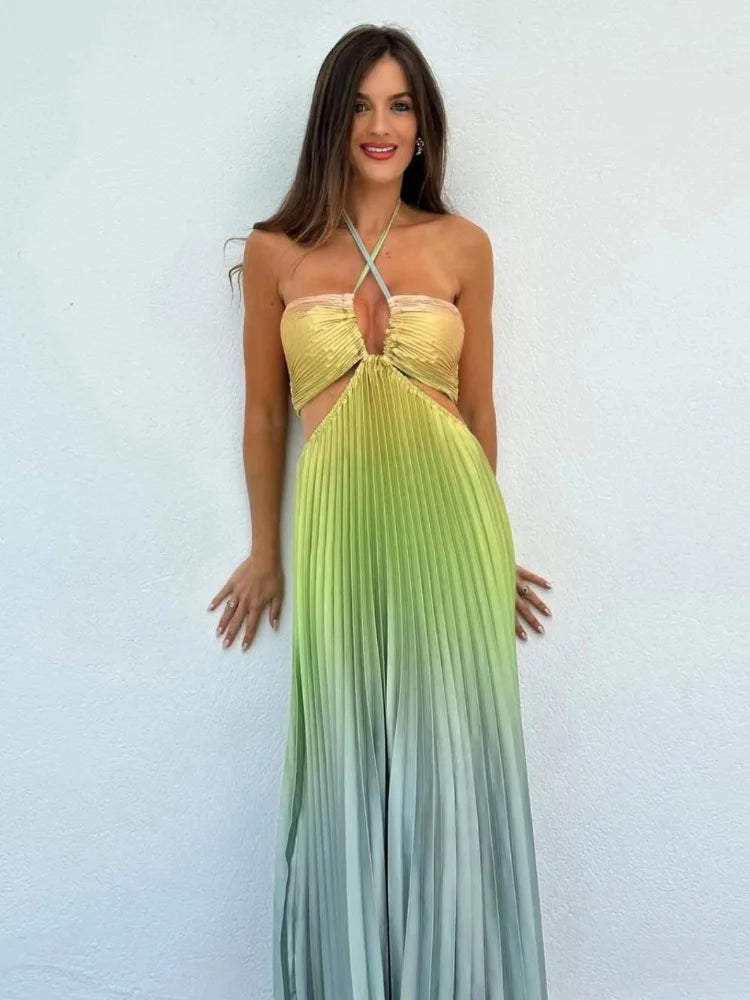 Aiertu  -  New Summer Gradient Halter Pleated Long Dress Sexy Off Shoulder Backless Wrap Chest Sundress Women's Beach Vacation Dress Aiertu