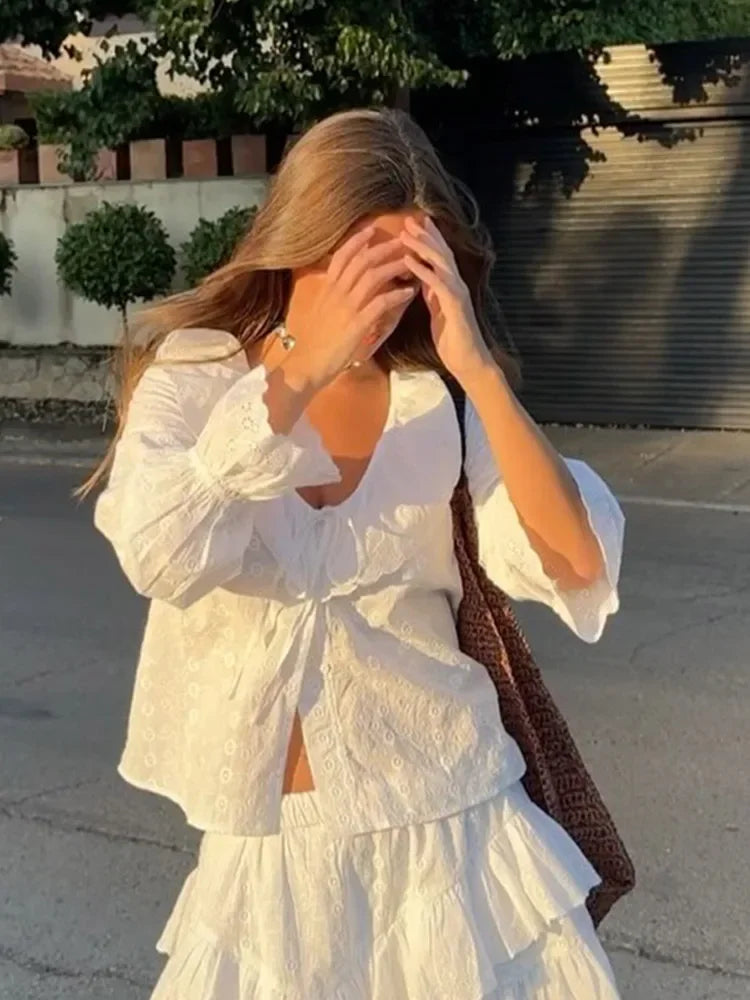 Aiertu  -  New Women White Embroidery Ruffles Pleated Short 2 Piece Sets Female V-neck Flare Full Sleeve Shirt Set Mini shorts Set 2025 Aiertu