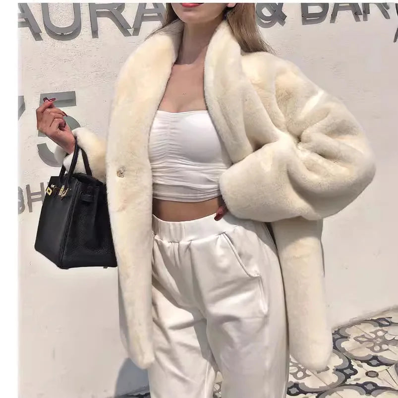 Aiertu  -  Winter Warm Plush Faux Fur Coat Women Thick Middle Long Overcoat Turn Down Collar Women Female Loose Faux Rabbit Fluffy Jacket Aiertu