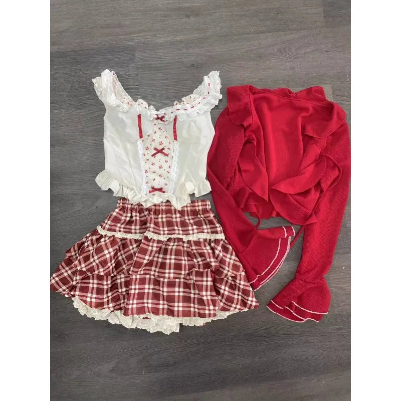 Aiertu  -  Japanese Kawaii 3 Piece Skirt Suit Women Lolita Cardigan Outwear Bodycon Vest Blouse + Slim Y2k Skirt Evening Party Vintage Sets Aiertu