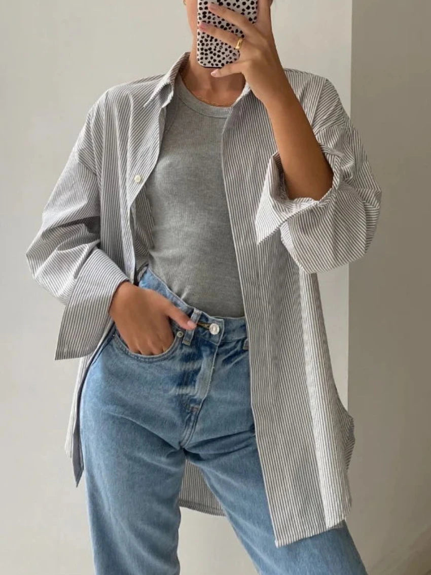 Aiertu  -  Chic Striped Women Shirt Loose 100% Cotton Shirts Tops Ladies Casual Lapel Oversized Lace Up Blouse Women Tops Blouse Aiertu
