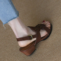 Aiertu  Summer Buckle Sandals  Open Toe Real Cow Leather Women Shoes On Heel 4CM Roman Style Ladies Shoes Chunky Heel Retro Sandals Aiertu