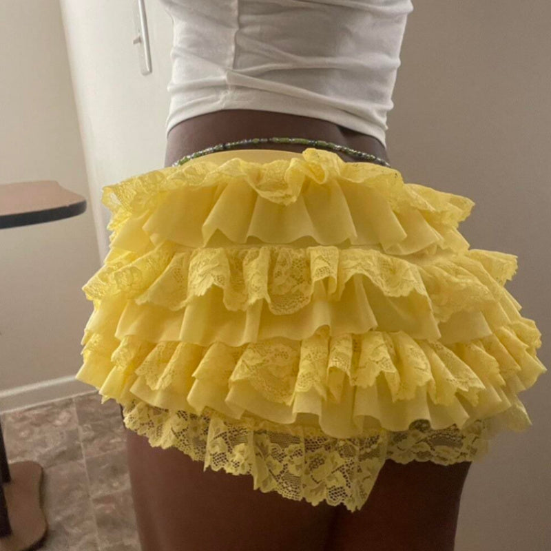 Aiertu  -  Women Lace Trim Layered Ruffle Mini Skirts Cute Bow Mesh Tutu Lolita Ruffled Tiered Micro Skirts Bloomer Pettipants Bottoms Aiertu