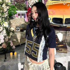 Aiertu  -  Korean POLO Collar Short Sleeved T-shirt for Women Summer New Lace Patchwork Letter Print Spice Girl Casual T Shirt Y2k Top Aiertu