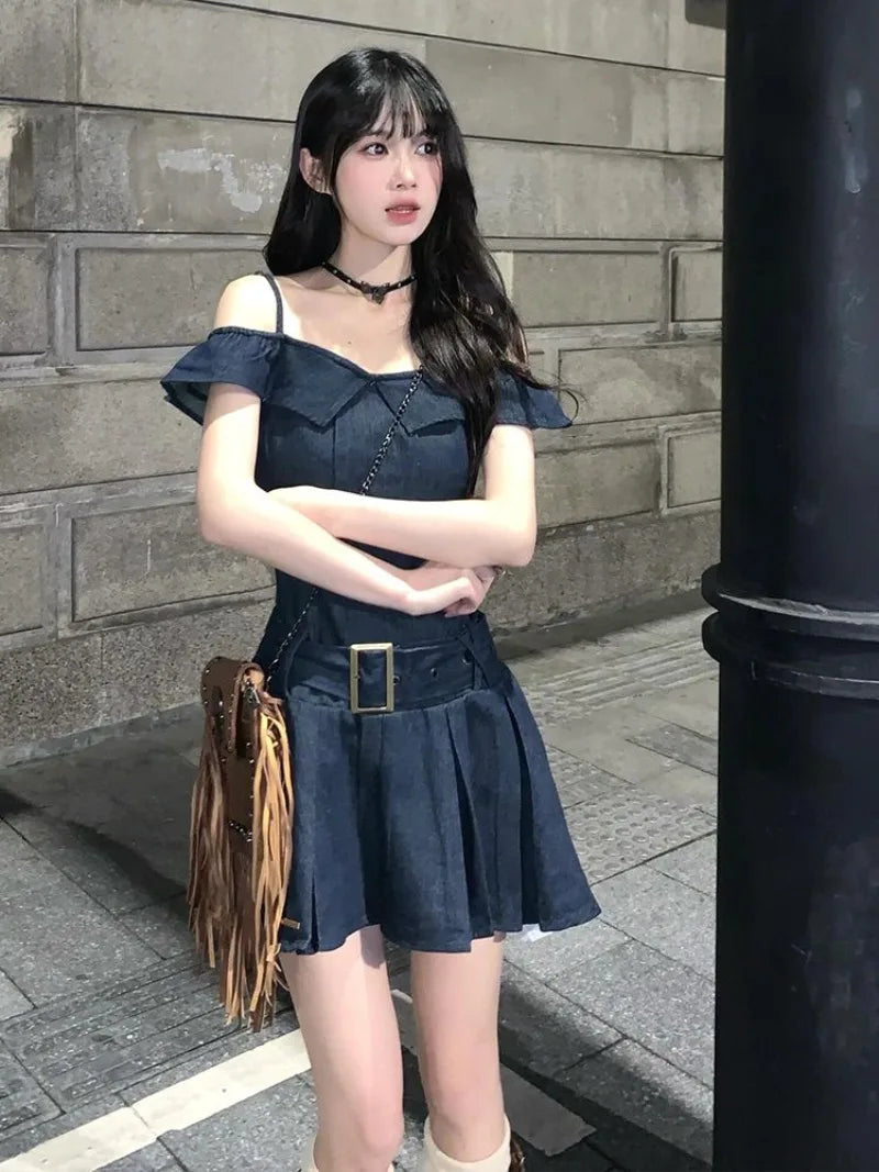 Aiertu  -  Sweet Hot Girl Retro Off Shoulder Denim Dress for Women's Summer Casual Slim Fit A-line Short Strap Dress Fashion Female Clothes Aiertu