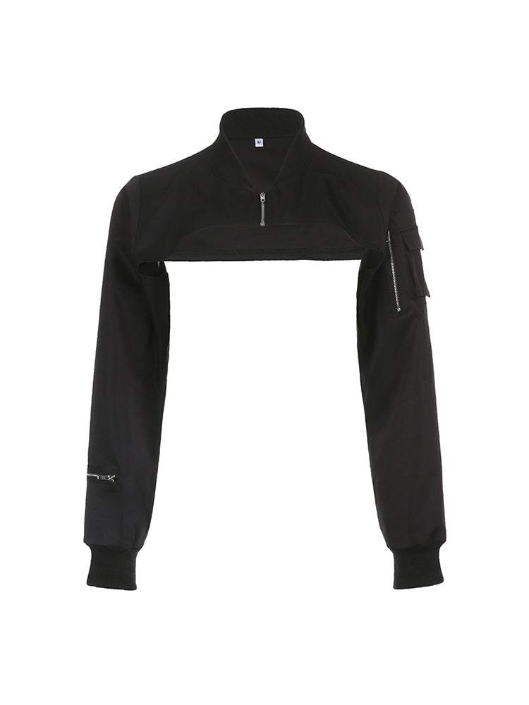 Aiertu - summer inspo Zip Up Stand Collar Long Sleeve Black Cropped Jackets Women Pocket Safari Style Streetwear Aiertu