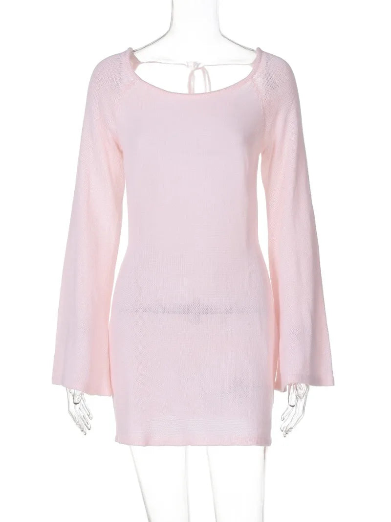Aiertu  -  Womens Flare Sleeve Lace-up Backless Pink Sweater Dress Ladies Autumn High Waist Hollow Out Knitted White Party Vacation Dresses Aiertu
