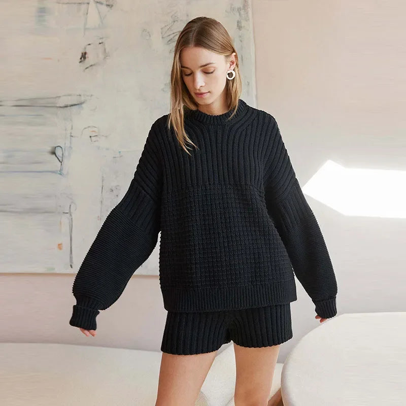 Aiertu  -  Solid Knitted Sweater Shorts Suit Women Casual Crochet O-neck Long Sleeve Pullover Short Pants 2026 Autumn New Lady Loose Outfit Aiertu