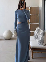 Aiertu  -  Sexy Blue Hollow Out Maxi Dress Women Elegant Bodycon  Side Pleated Dresses Female Summer Autumn Ladies Fashion Streetwear Aiertu