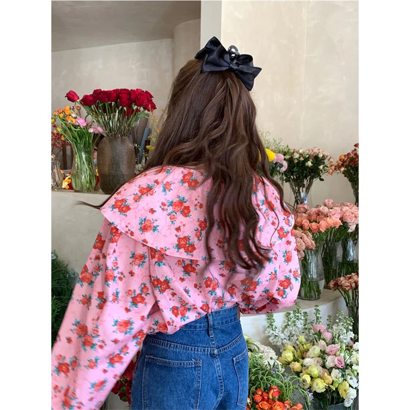 Aiertu Vintage Sweet Floral Shirts Women Cute Love Heart Print Peter Pan Collar Puff Long Sleeve Blouse Korean Preppy Casual Tops Aiertu