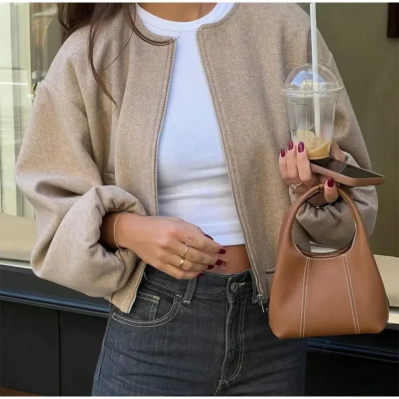 Aiertu  -  Women Fashion Zip O-neck Bomber Cropped Jacket Casual Solid Pockets Long Lantern Sleeve Short Loose Coat 2026 New Lady Outerwear Aiertu