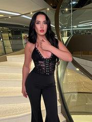 Aiertu  -  Women's Summer Full Length Flare Pants Jumpsuits 2025 Elegant Halter Backless Lace Patchwork Black Overalls Female High Street Aiertu